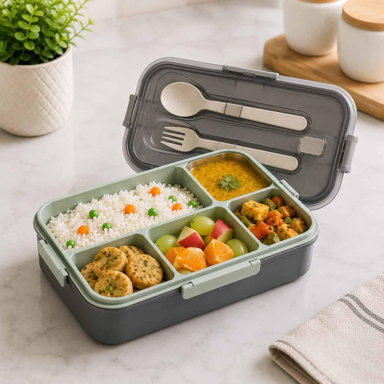 OfficeMate Lunch Box with Built-in Cutlery Set