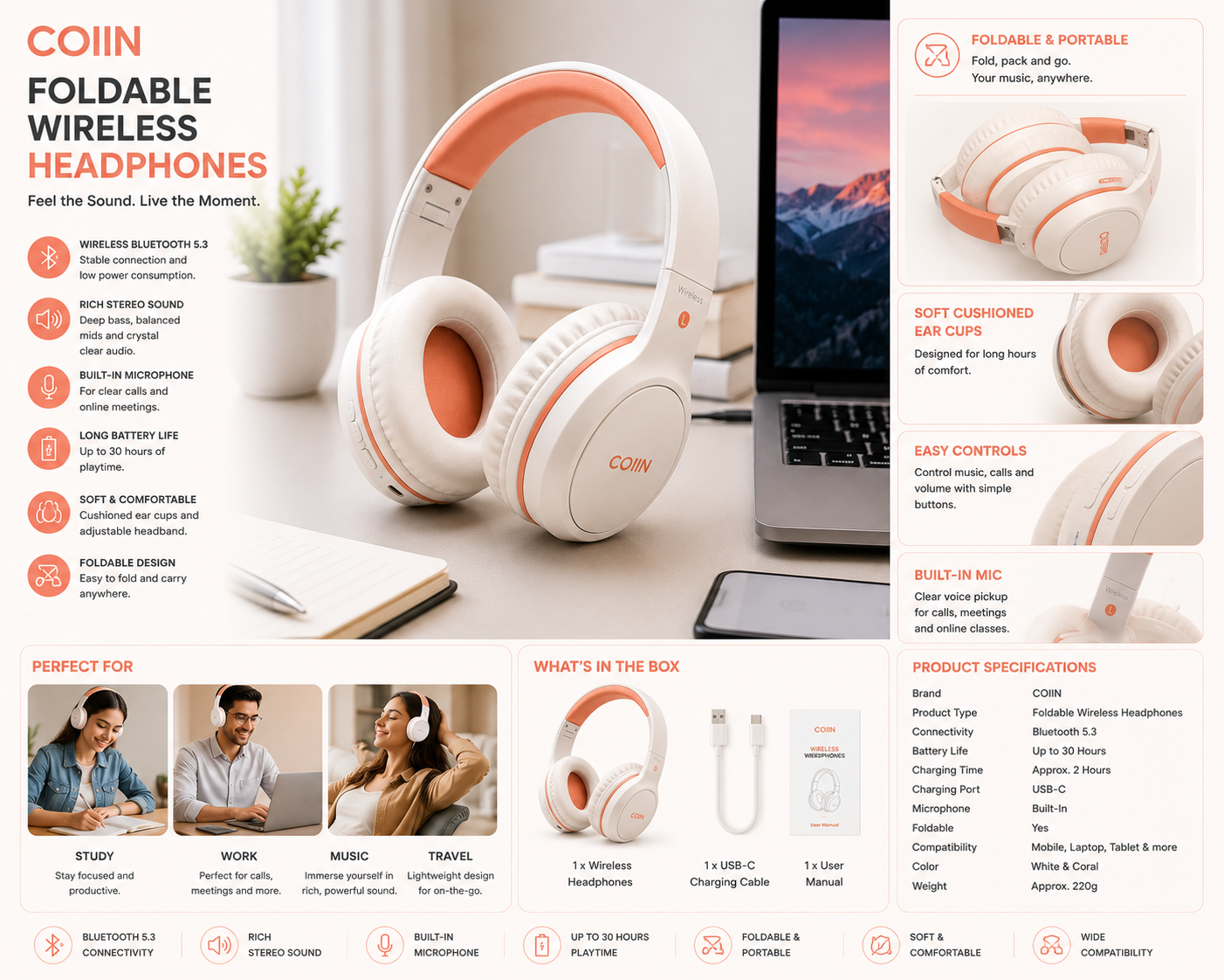 COIIN Foldable Wireless Bluetooth Headphones