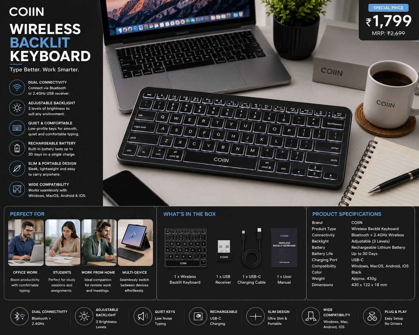 COIIN Wireless Backlit Keyboard