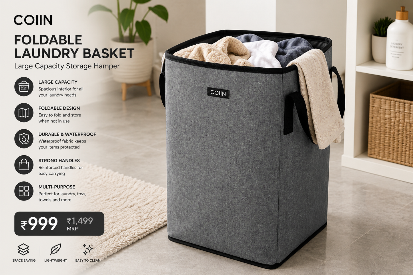 COIIN Foldable Laundry Basket – Large Capacity Storage Hamper