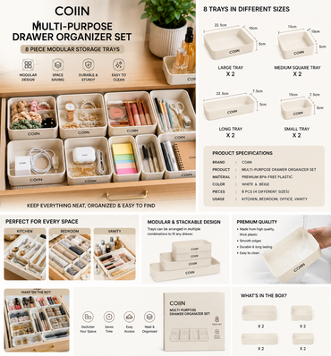 COIIN Multi-Purpose Drawer Organizer Set – Modular Storage Trays (Set of 8)