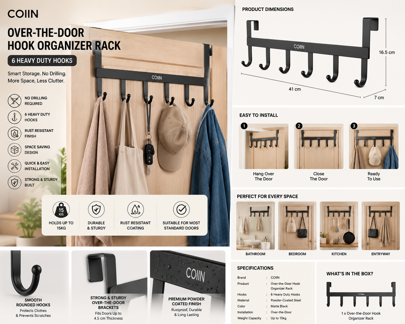 COIIN Over-the-Door Hook Organizer Rack – 6 Heavy Duty Hooks