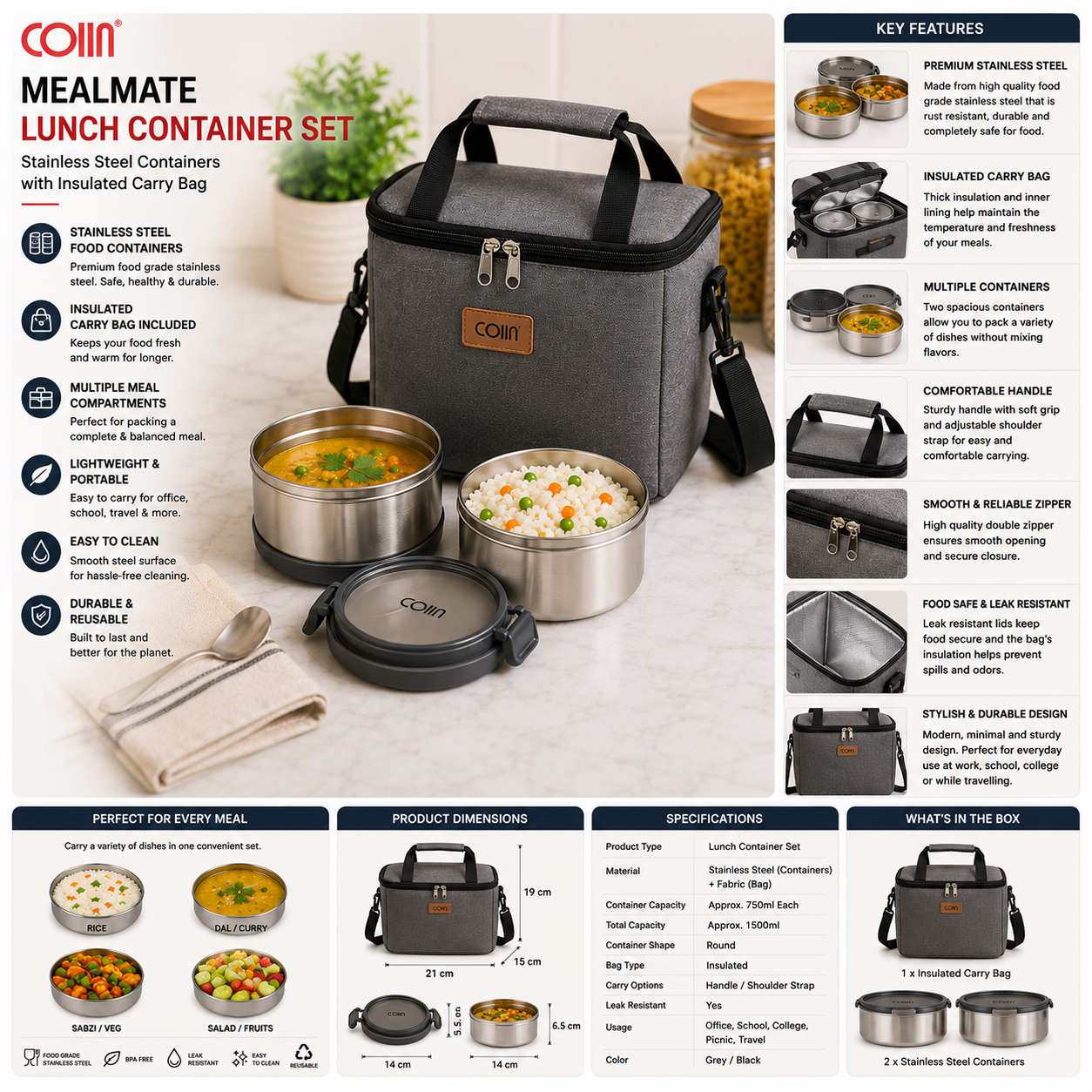 COIIN MealMate Stainless Steel Lunch Container Set – Insulated Carry Bag Included