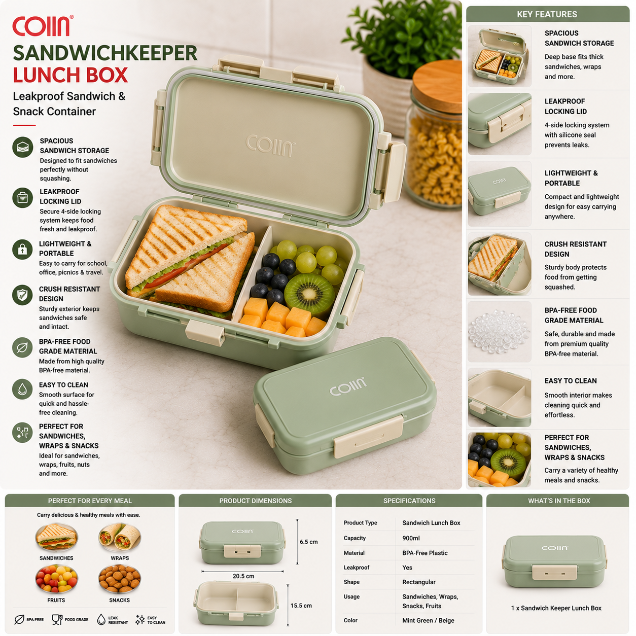 COIIN SandwichKeeper Lunch Box – Leakproof Sandwich & Snack Container
