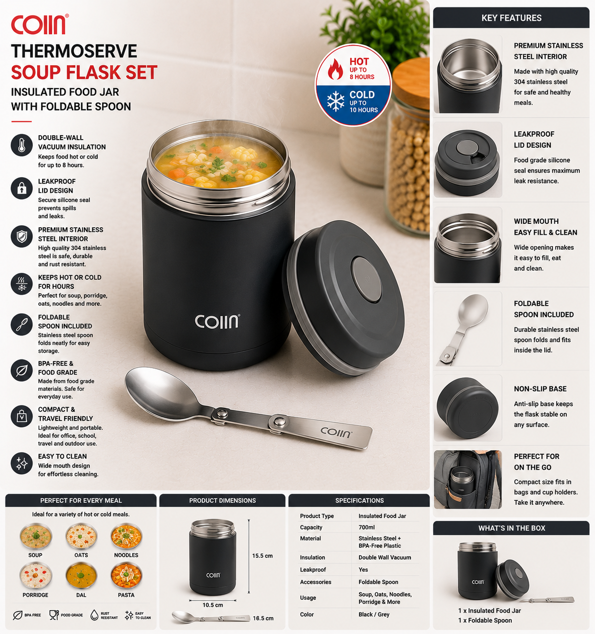 COIIN ThermoServe Soup Flask Set – Insulated Food Jar with Foldable Spoon