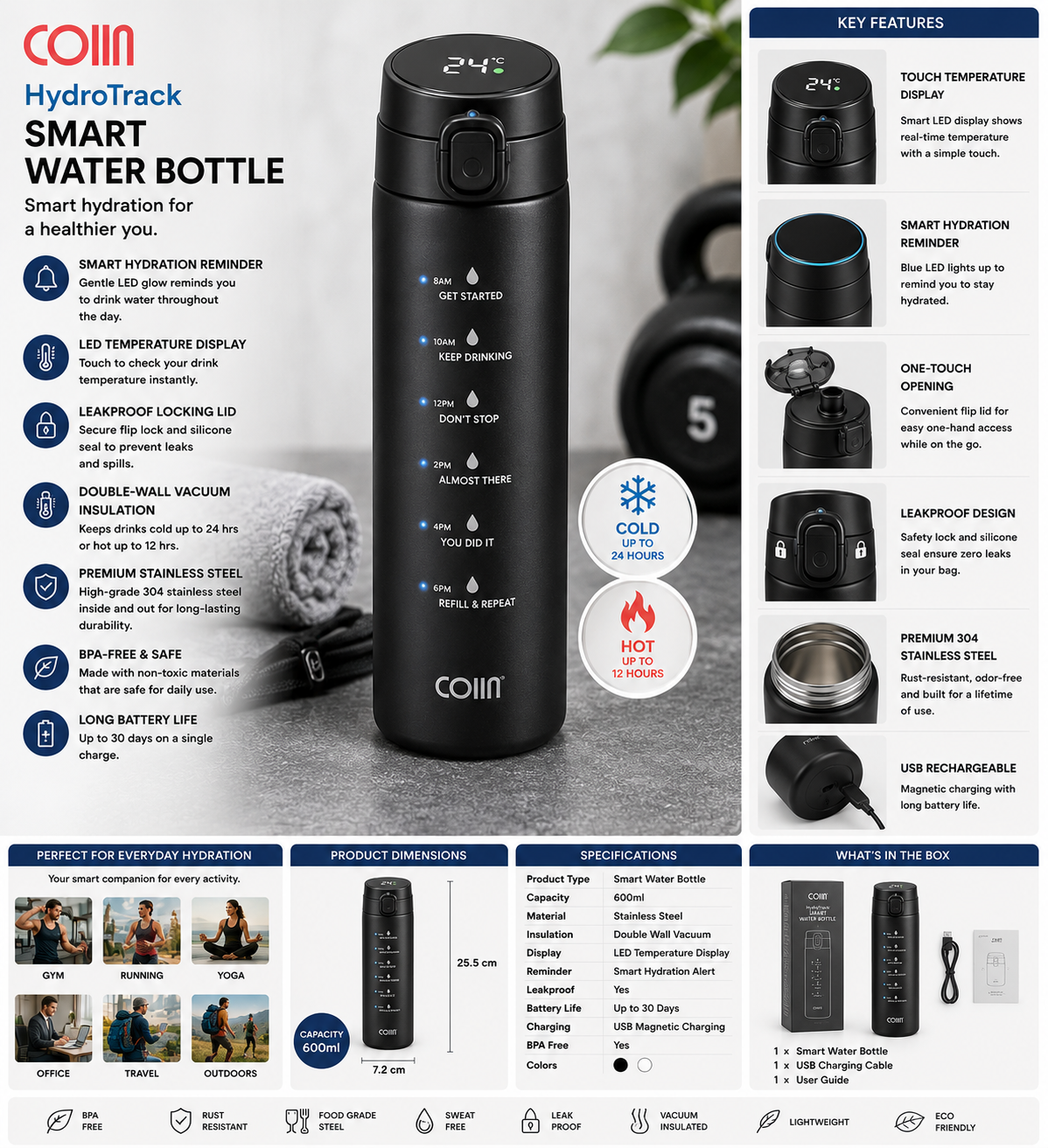COIIN HydroTrack Smart Water Bottle – LED Hydration Reminder Bottle