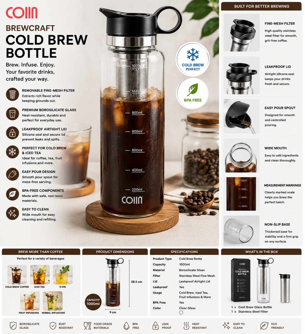 COIIN BrewCraft Cold Brew Bottle – Glass Coffee & Beverage Maker