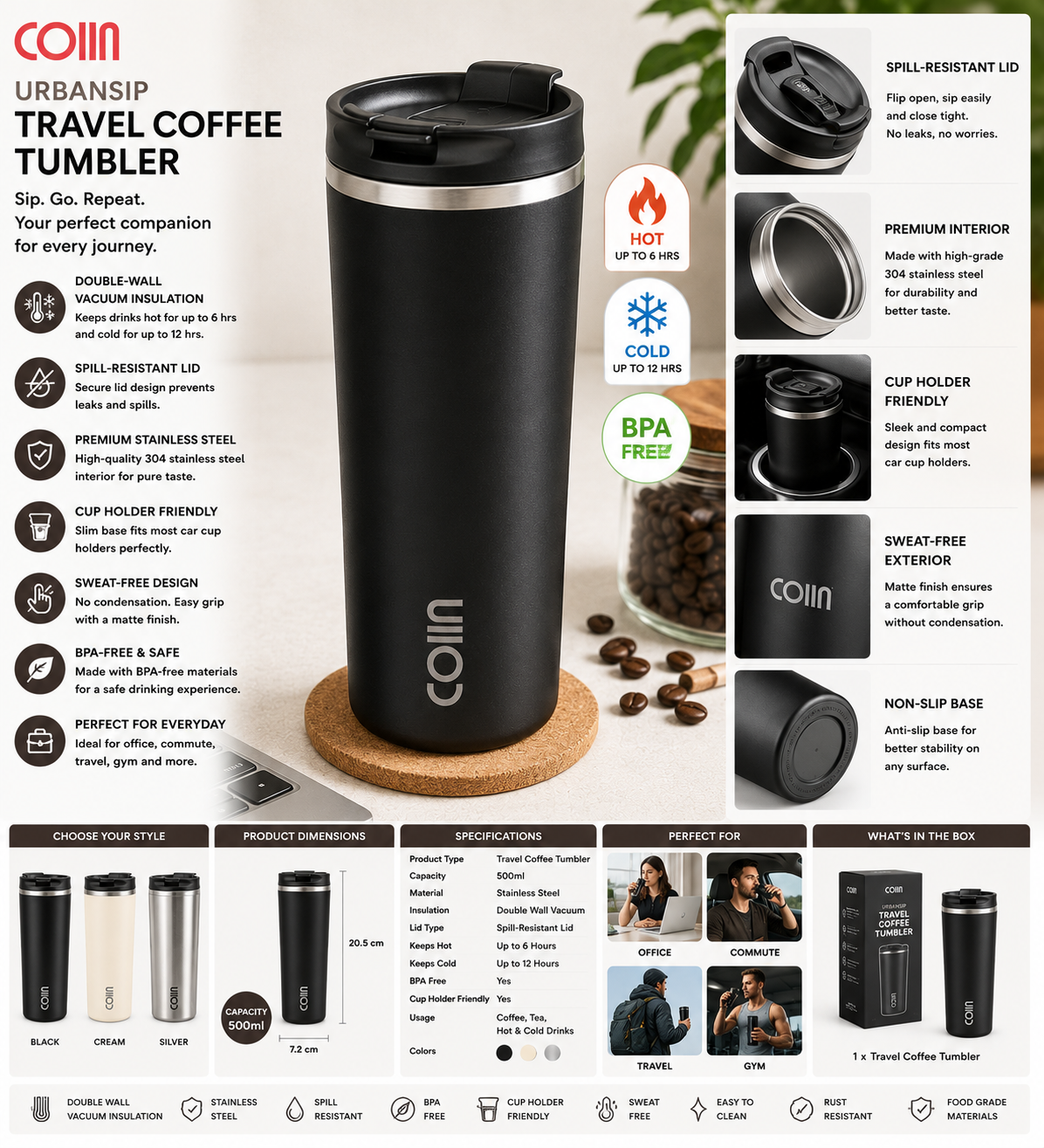 COIIN UrbanSip Travel Coffee Tumbler – Vacuum Insulated Coffee Mug