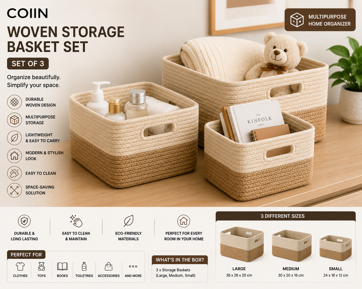 COIIN Woven Storage Basket Set – Multipurpose Organizer (Set of 3)
