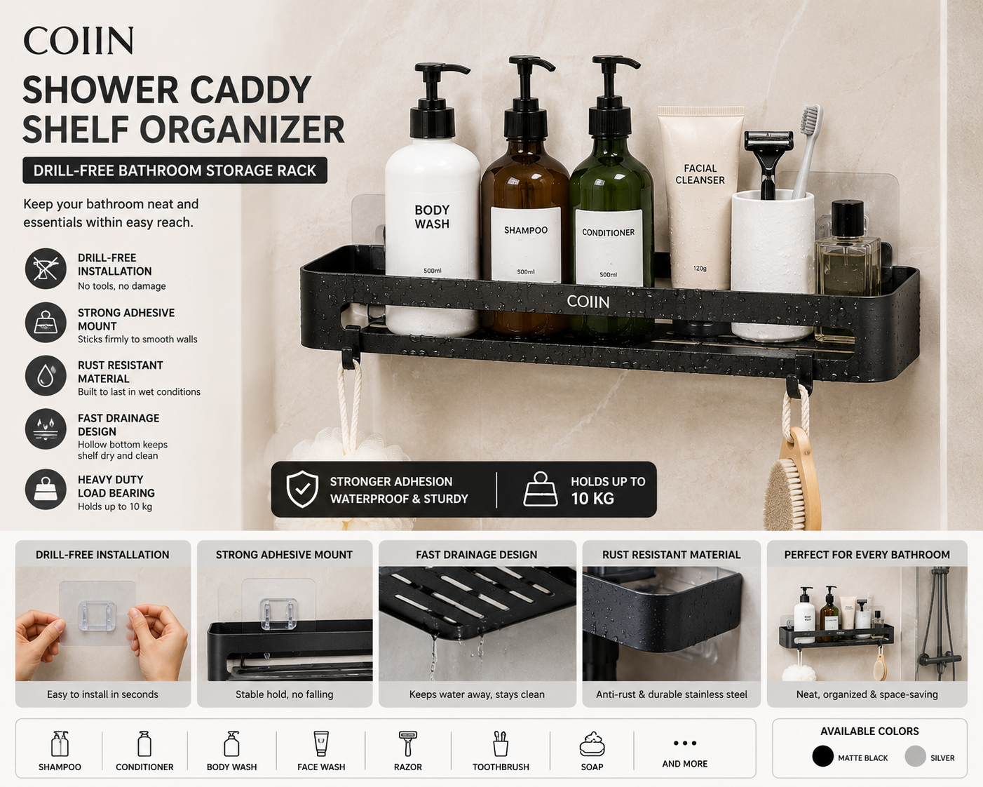 COIIN Shower Caddy Shelf Organizer – Drill-Free Bathroom Storage Rack