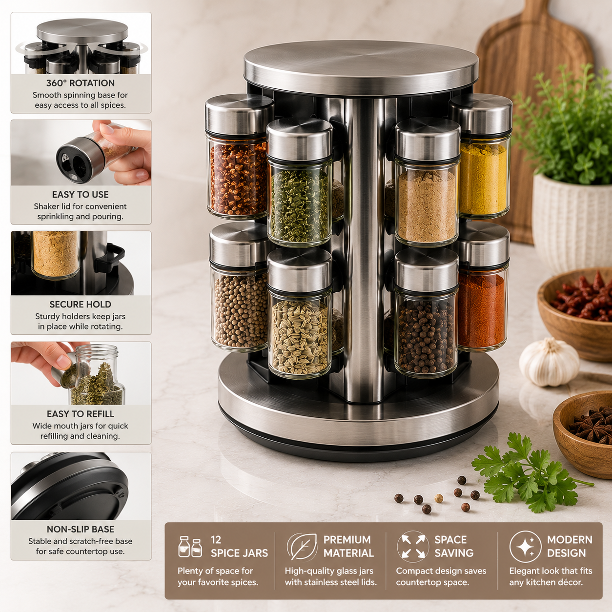 SpiceSpin Rotating Spice Rack Set – 12 Jars