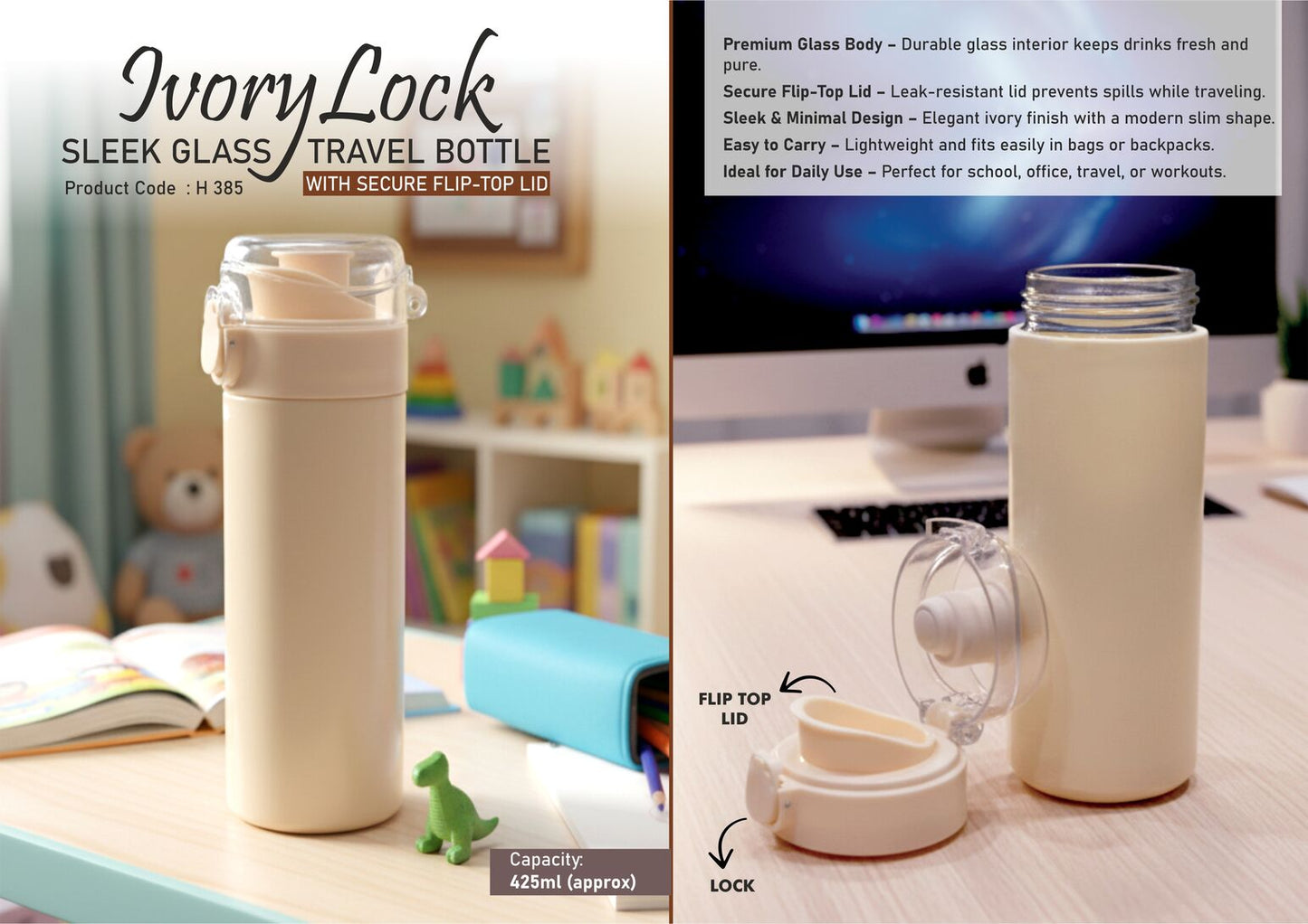 IvoryLock Sleek Glass Travel Bottle with Secure Flip-Top Lid – 425ml