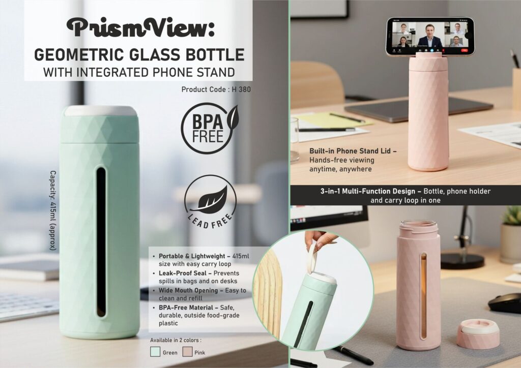 PrismView Geometric Glass Bottle with Integrated Phone Stand – 415ml