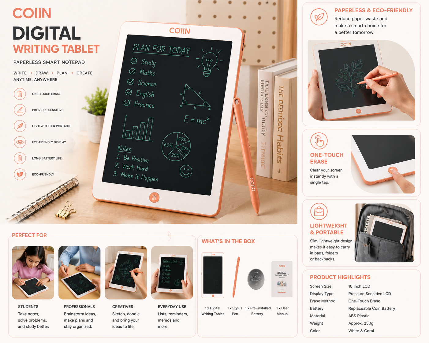 COIIN Digital Writing Tablet – Paperless Smart Notepad