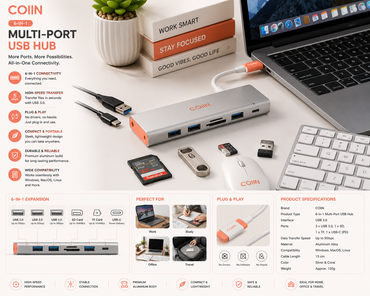 COIIN 6-in-1 Multi-Port USB Hub