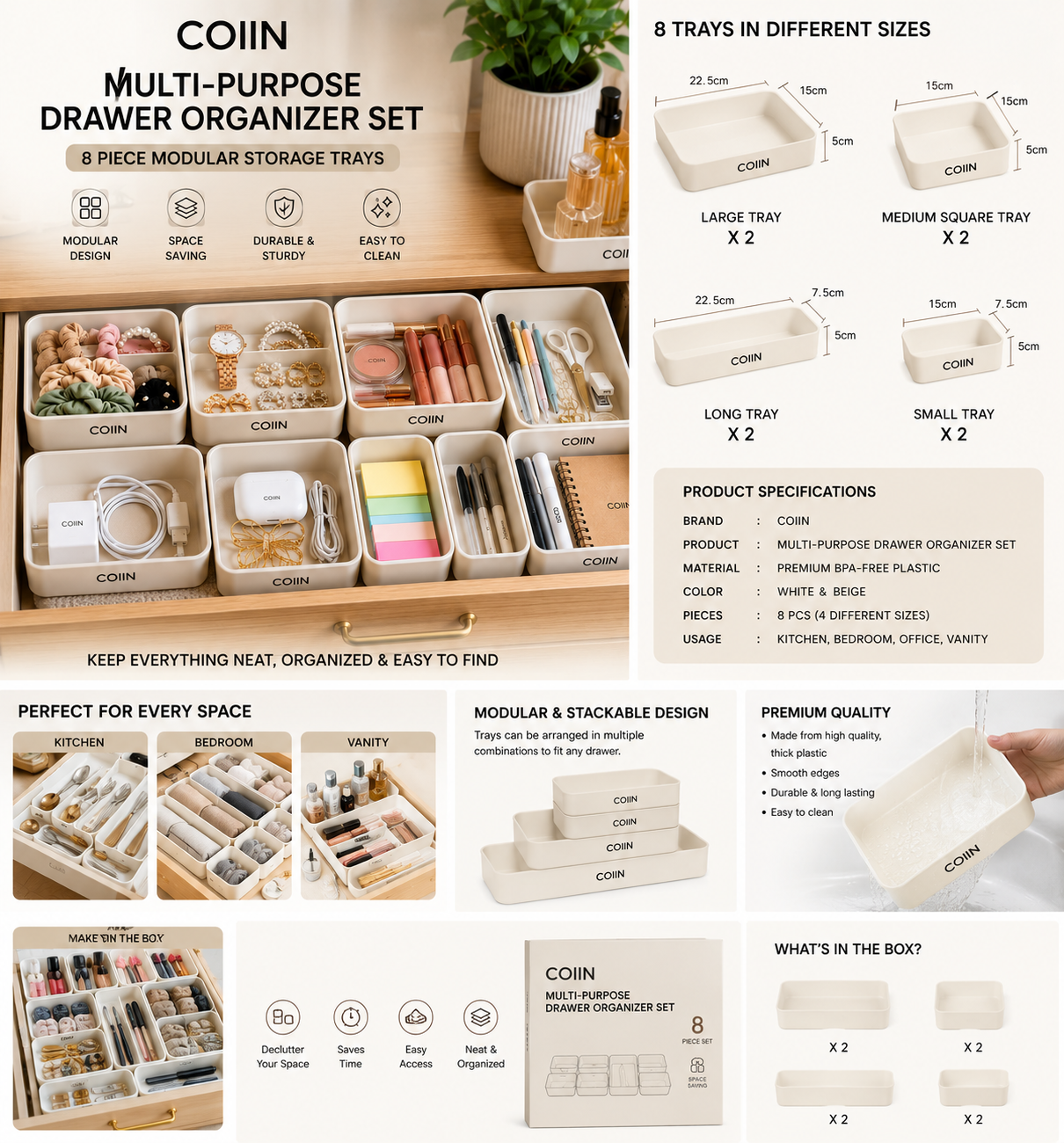 COIIN Multi-Purpose Drawer Organizer Set – Modular Storage Trays (Set of 8)
