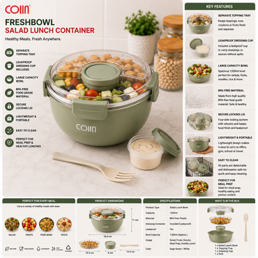 COIIN FreshBowl Salad Lunch Container – Leakproof Meal Prep Bowl with Dressing Cup