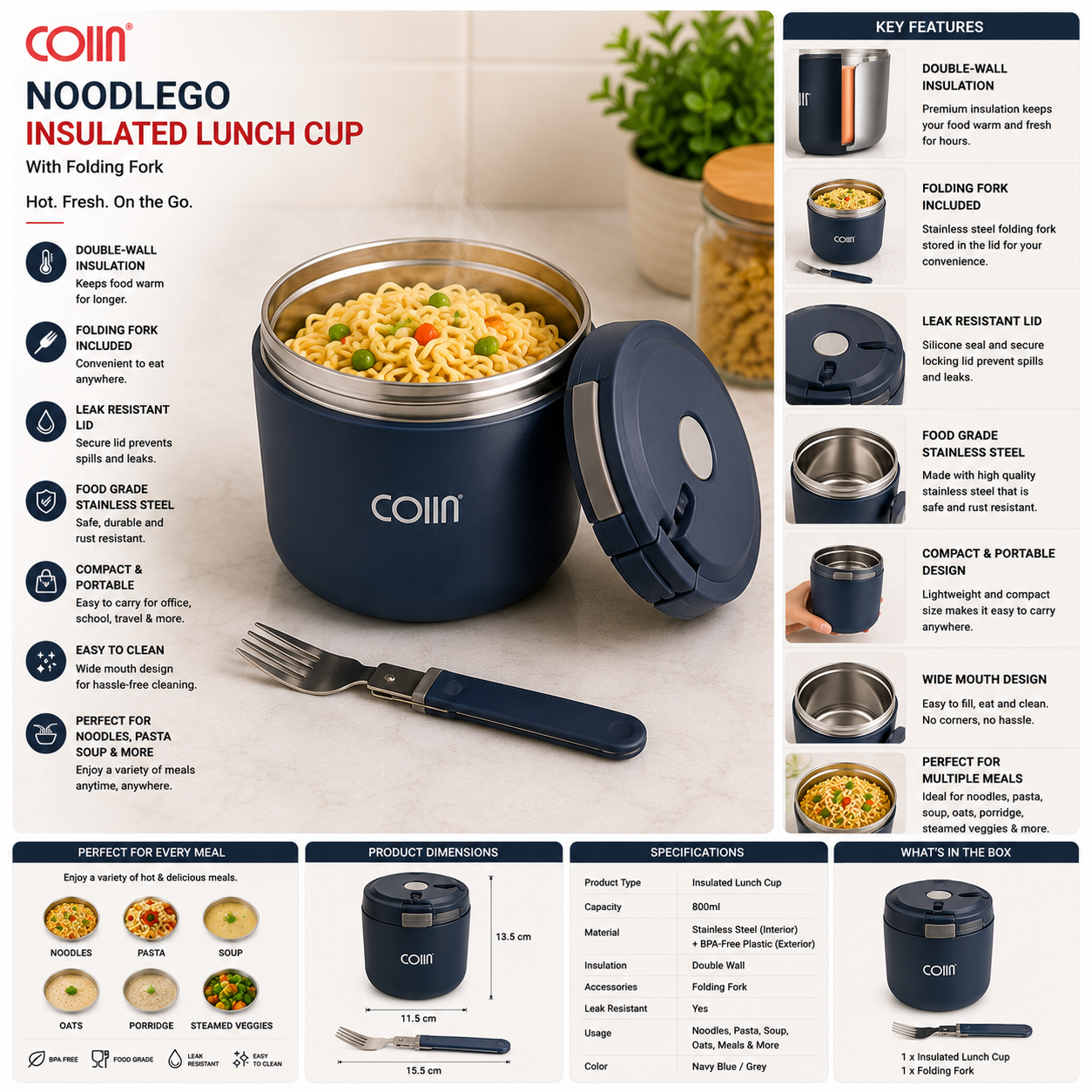 COIIN NoodleGo Insulated Lunch Cup – Portable Food Container with Folding Fork