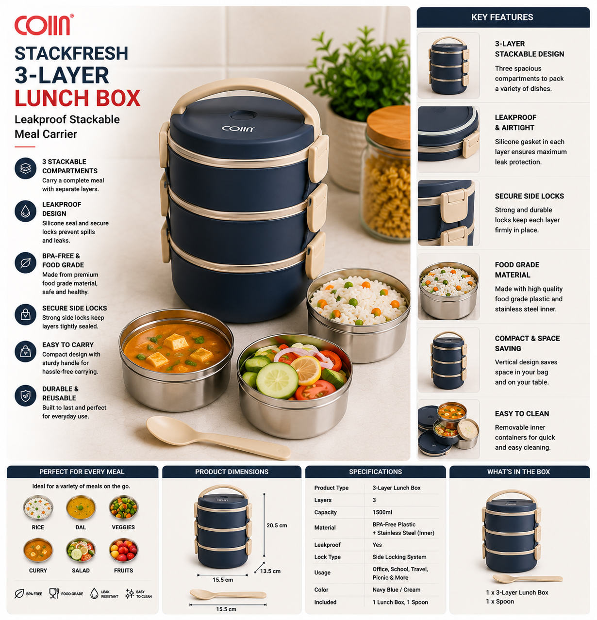 COIIN StackFresh 3-Layer Lunch Box – Leakproof Stackable Meal Carrier