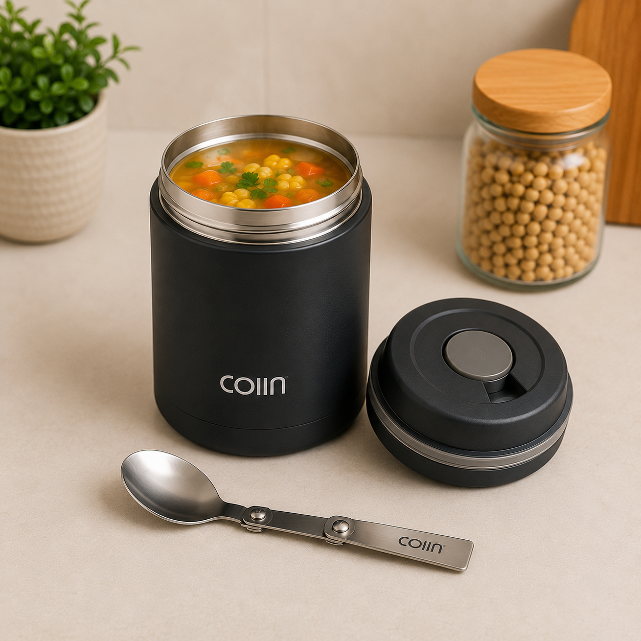 COIIN ThermoServe Soup Flask Set – Insulated Food Jar with Foldable Spoon