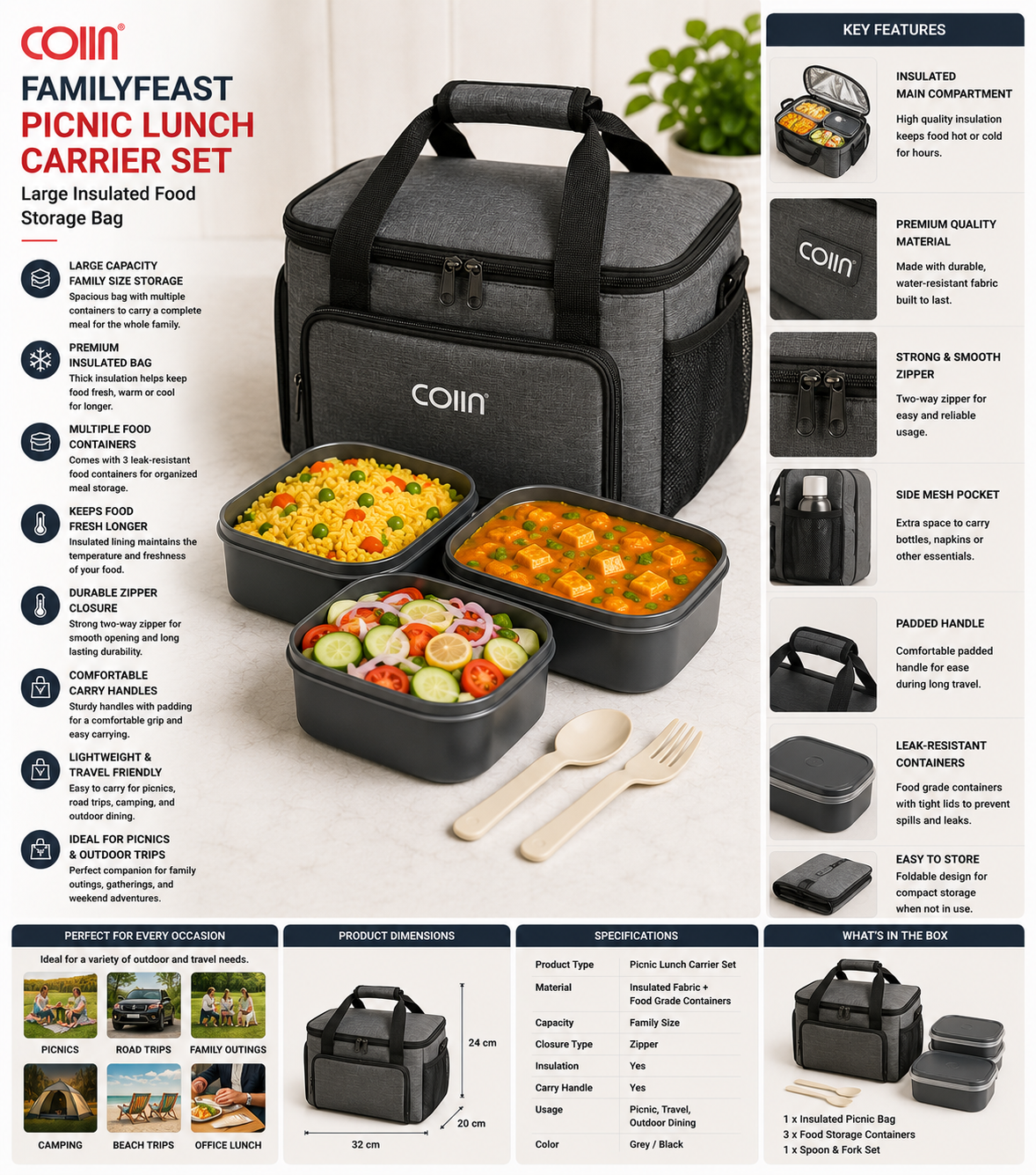 COIIN FamilyFeast Picnic Lunch Carrier Set – Large Insulated Food Storage Bag