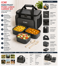 COIIN FamilyFeast Picnic Lunch Carrier Set – Large Insulated Food Storage Bag