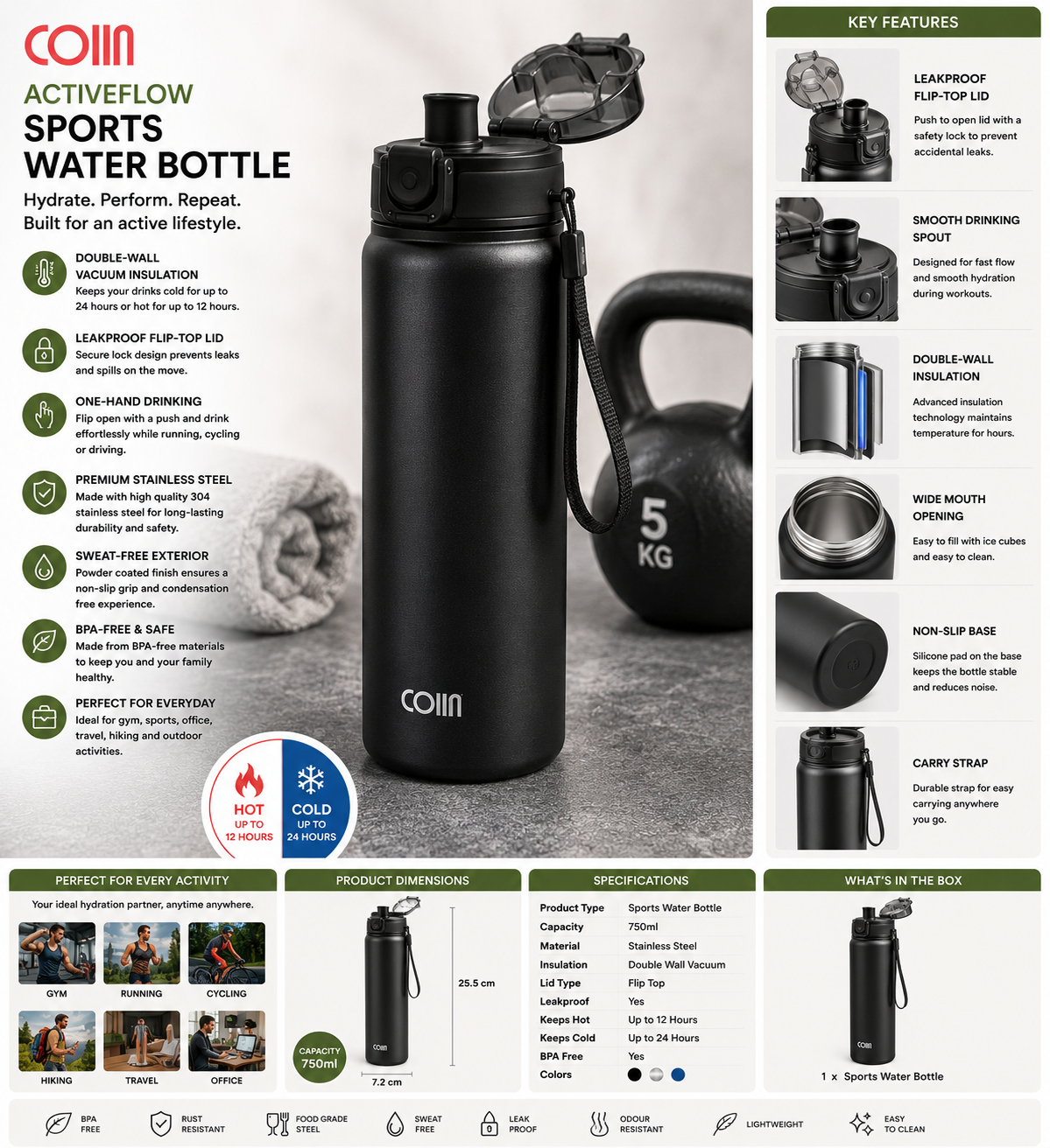 COIIN ActiveFlow Sports Water Bottle – Double Wall Vacuum Insulated Flask