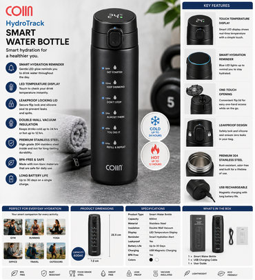 COIIN HydroTrack Smart Water Bottle – LED Hydration Reminder Bottle