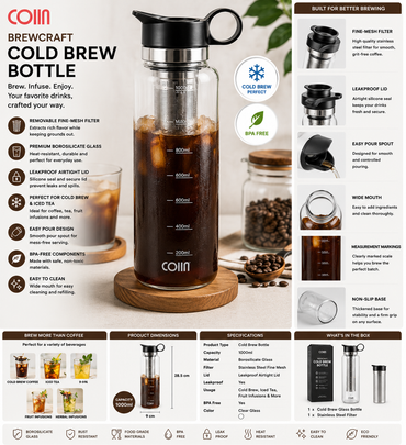 COIIN BrewCraft Cold Brew Bottle – Glass Coffee & Beverage Maker