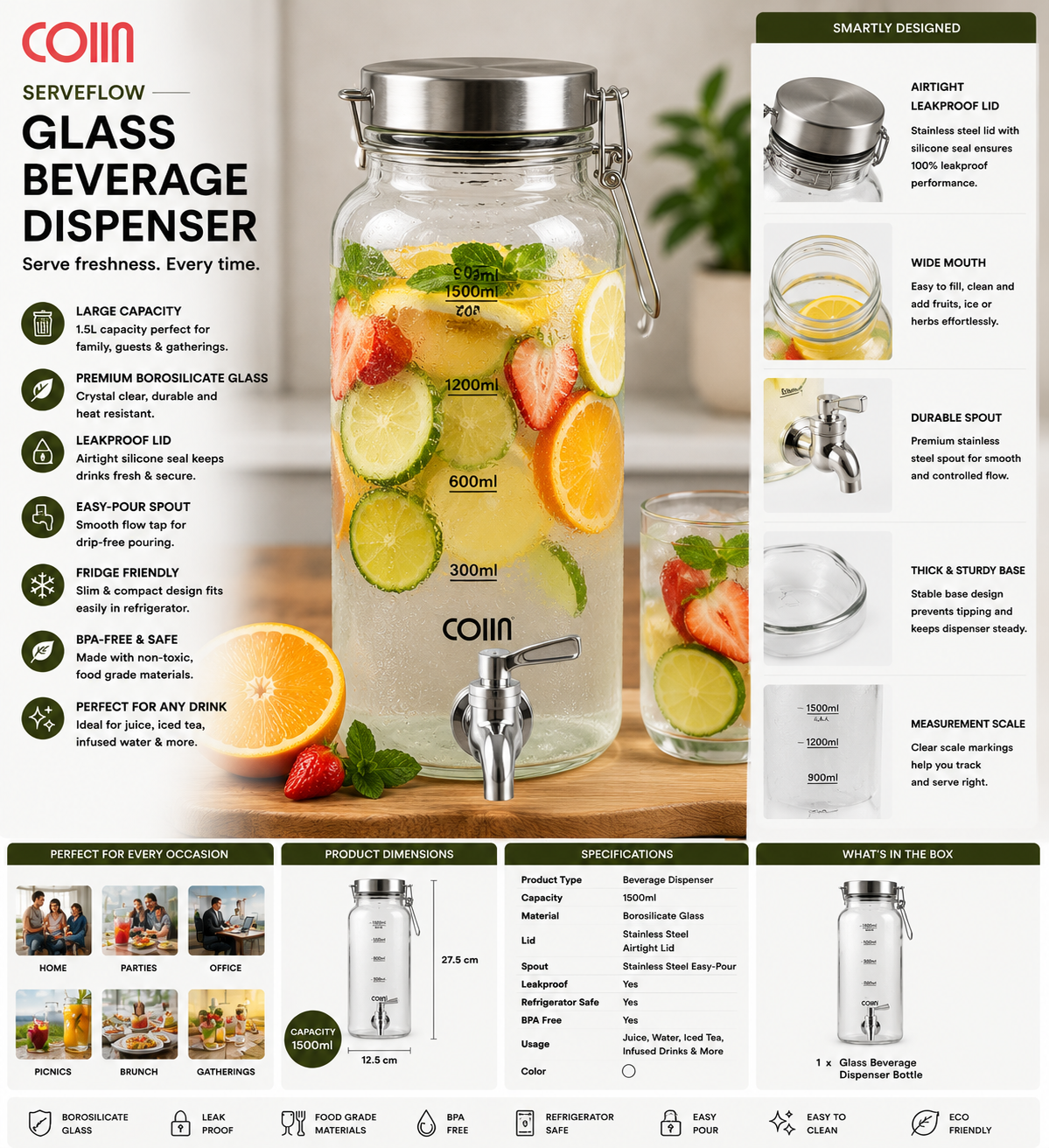 COIIN ServeFlow Glass Beverage Dispenser – Leakproof Juice & Infusion Bottle