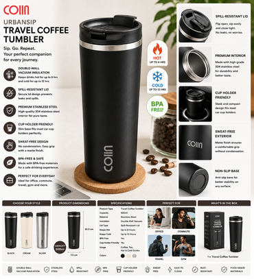 COIIN UrbanSip Travel Coffee Tumbler – Vacuum Insulated Coffee Mug