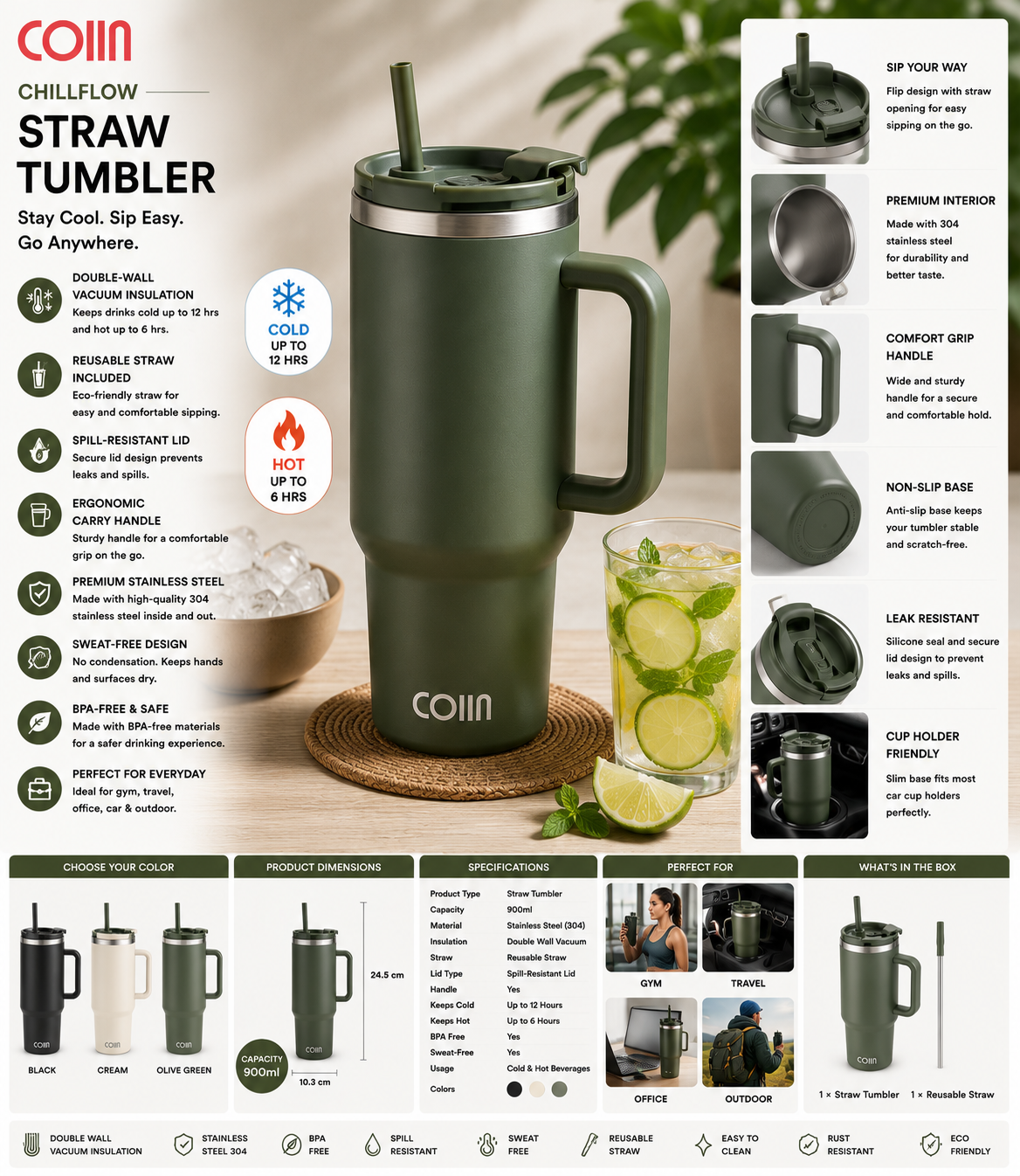 COIIN ChillFlow Straw Tumbler – Vacuum Insulated Travel Cup