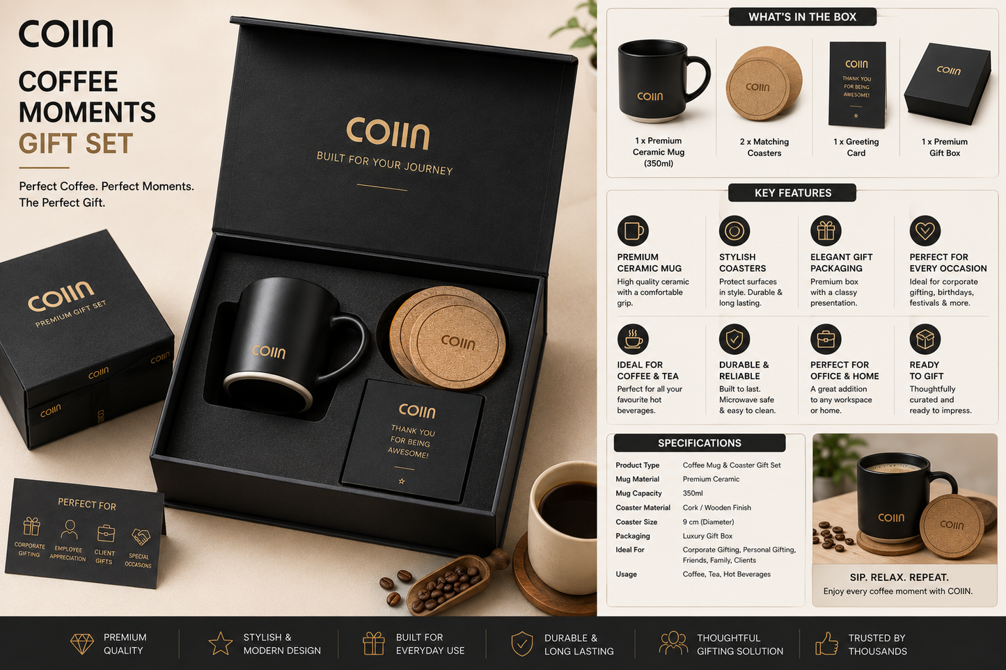 COIIN Coffee Moments Gift Set – Premium Mug & Coaster Collection