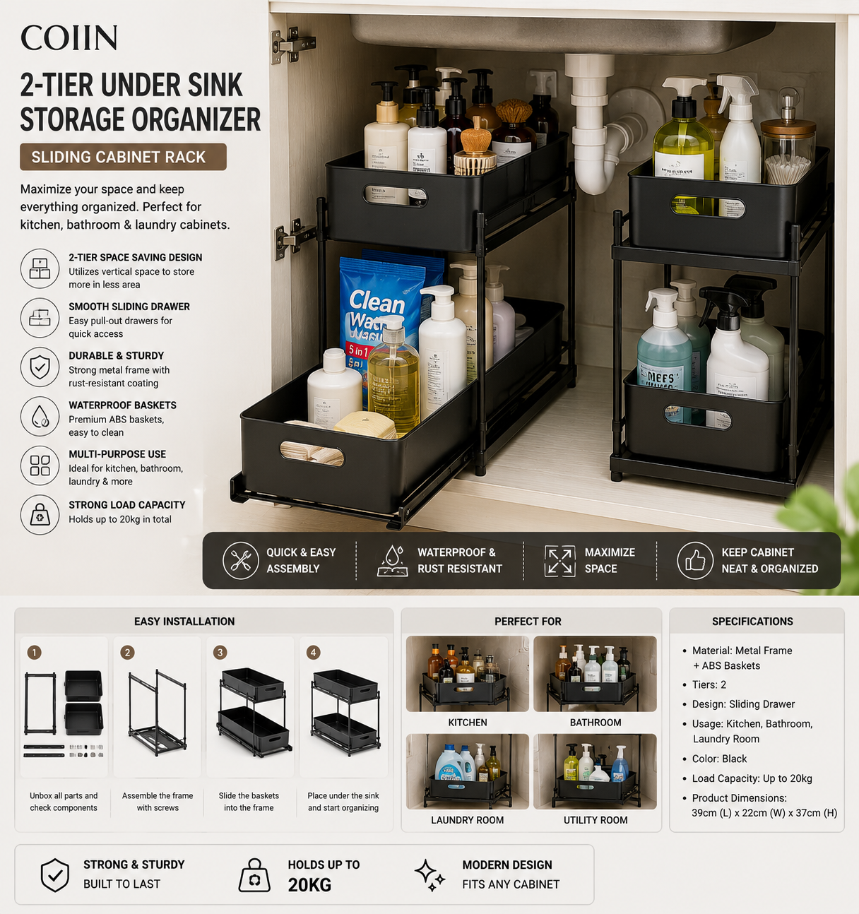 COIIN 2-Tier Under Sink Storage Organizer – Sliding Cabinet Rack