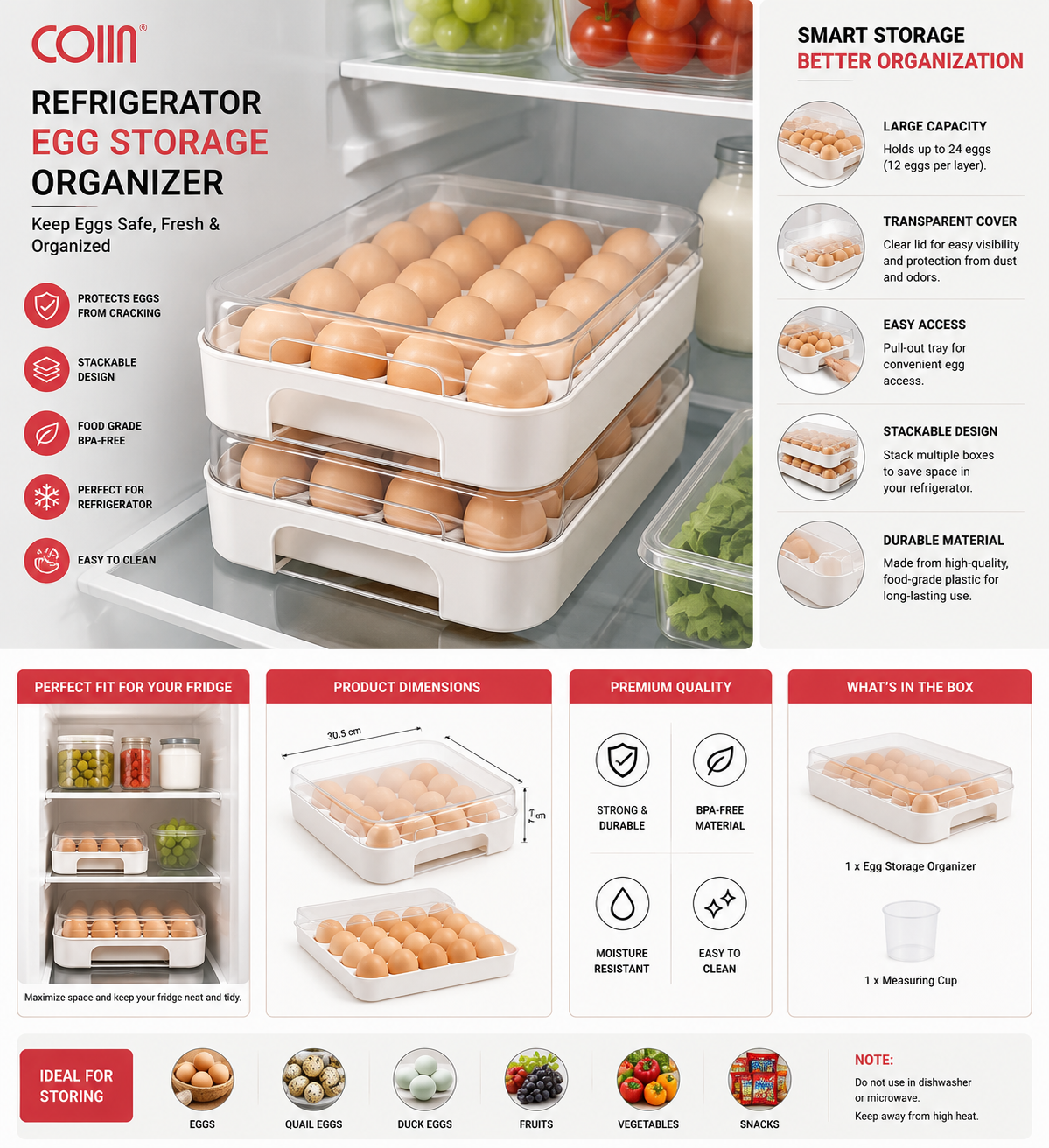 COIIN Refrigerator Egg Storage Organizer – Stackable Egg Holder Box