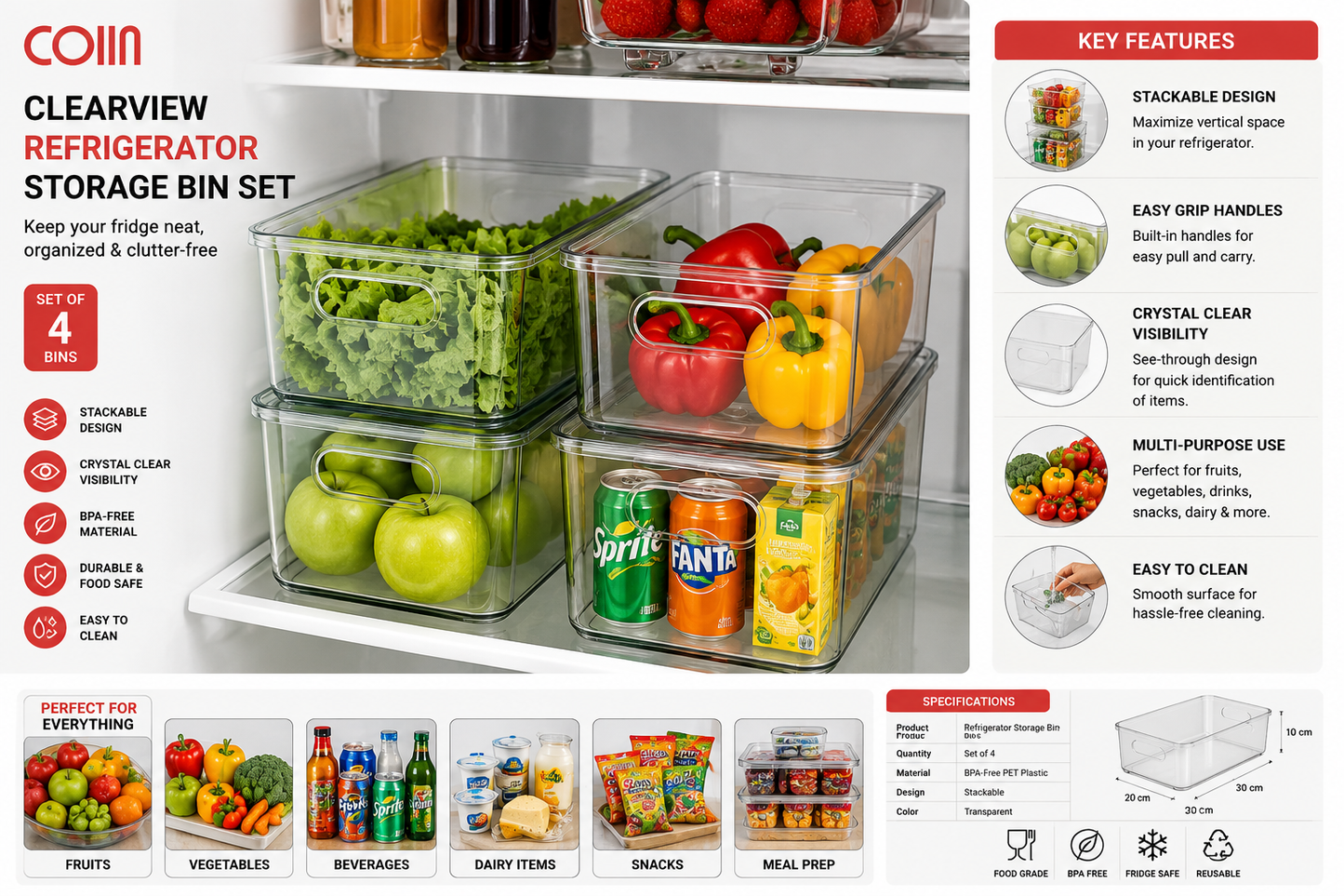COIIN ClearView Refrigerator Storage Bin Set – Stackable Fridge Organizers (Set of 4)