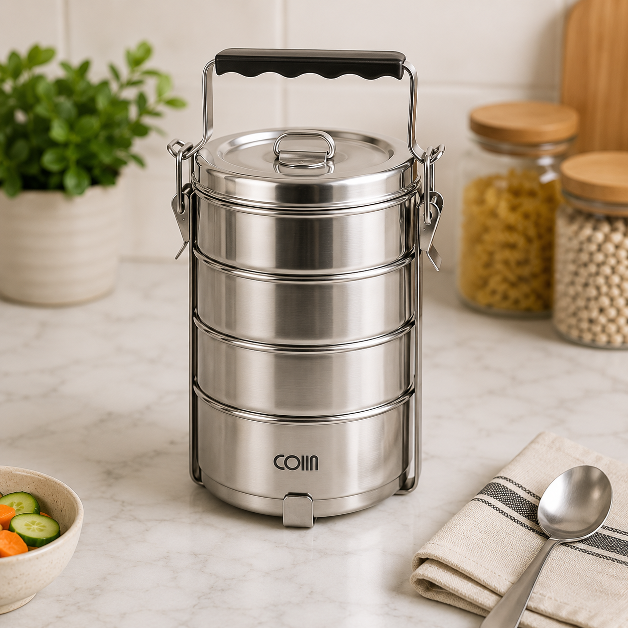 COIIN Stainless Steel 4-Tier Tiffin Carrier – Portable Lunch Box with Handle