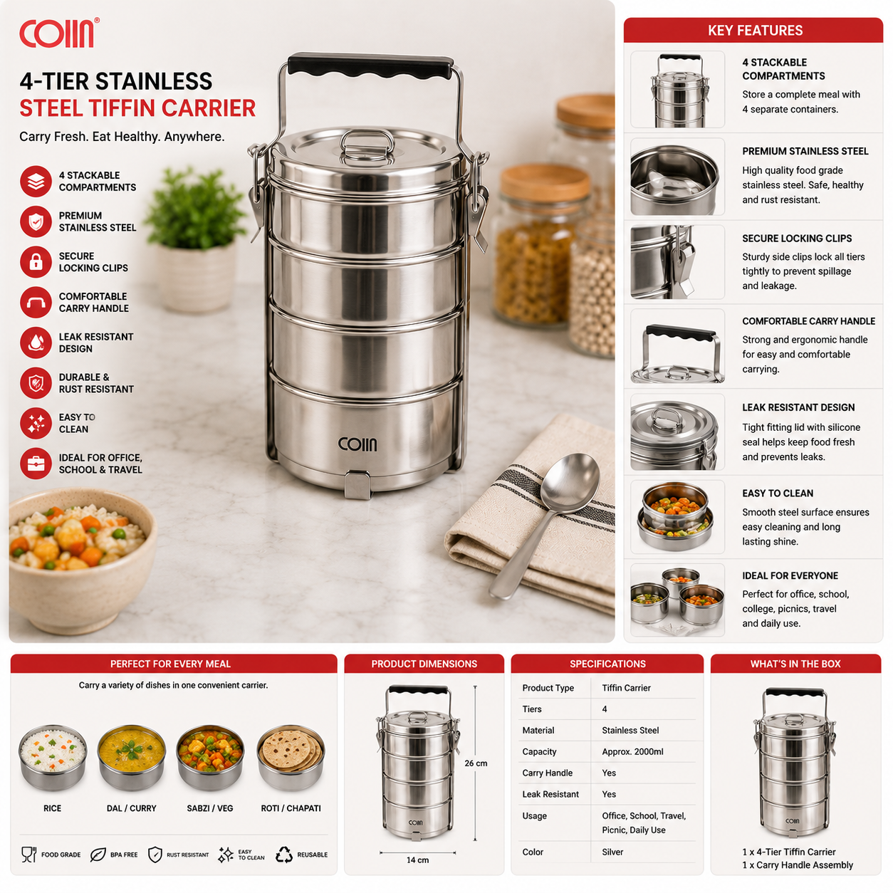 COIIN Stainless Steel 4-Tier Tiffin Carrier – Portable Lunch Box with Handle