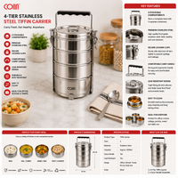 COIIN Stainless Steel 4-Tier Tiffin Carrier – Portable Lunch Box with Handle