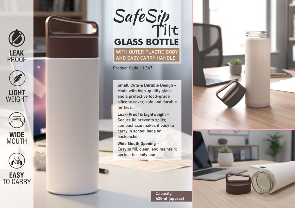 SafeSip Tilt Glass Bottle with Protective Outer Body & Easy Carry Handle – 425ml