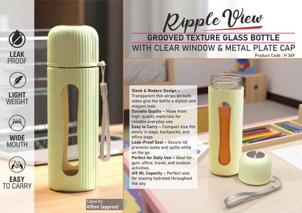 RippleView Grooved Texture Glass Bottle with Clear Window & Metal Plate Cap – 415ml