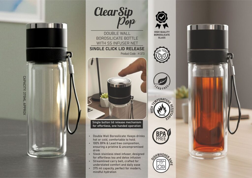 ClearSip Pop Double-Wall Borosilicate Bottle with SS Infuser Net – 375ml