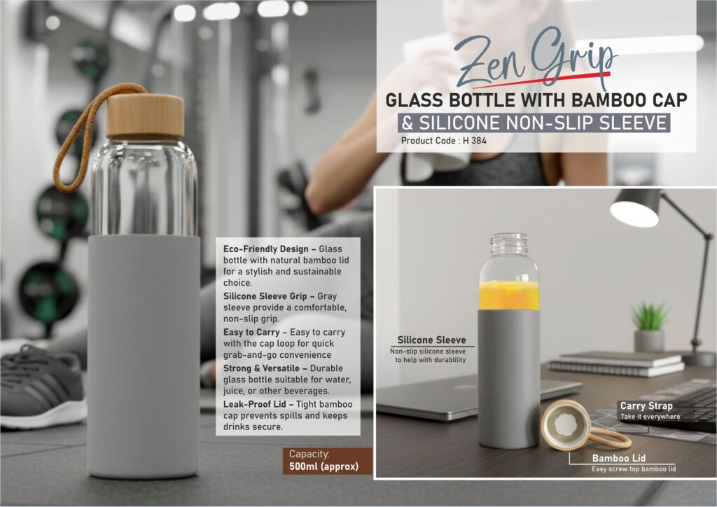 ZenGrip Glass Bottle with Bamboo Cap & Silicone Non-Slip Sleeve – 500ml